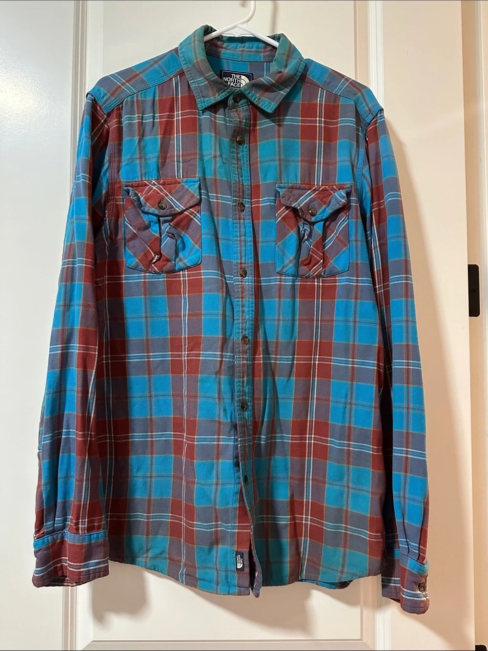 The North Face Men's Teal and Maroon Plaid Button-Down Shirt